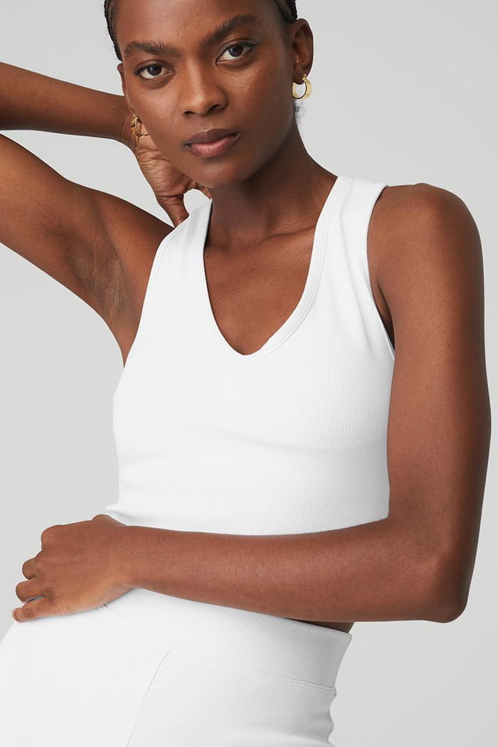 Tank Tops Alo Yoga Goddess Ribbed Cropped Racerback Damskie Białe | WDZMN5803