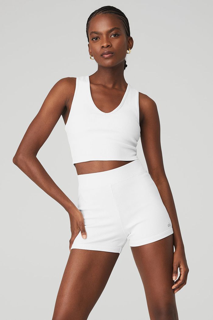 Tank Tops Alo Yoga Goddess Ribbed Cropped Racerback Damskie Białe | WDZMN5803